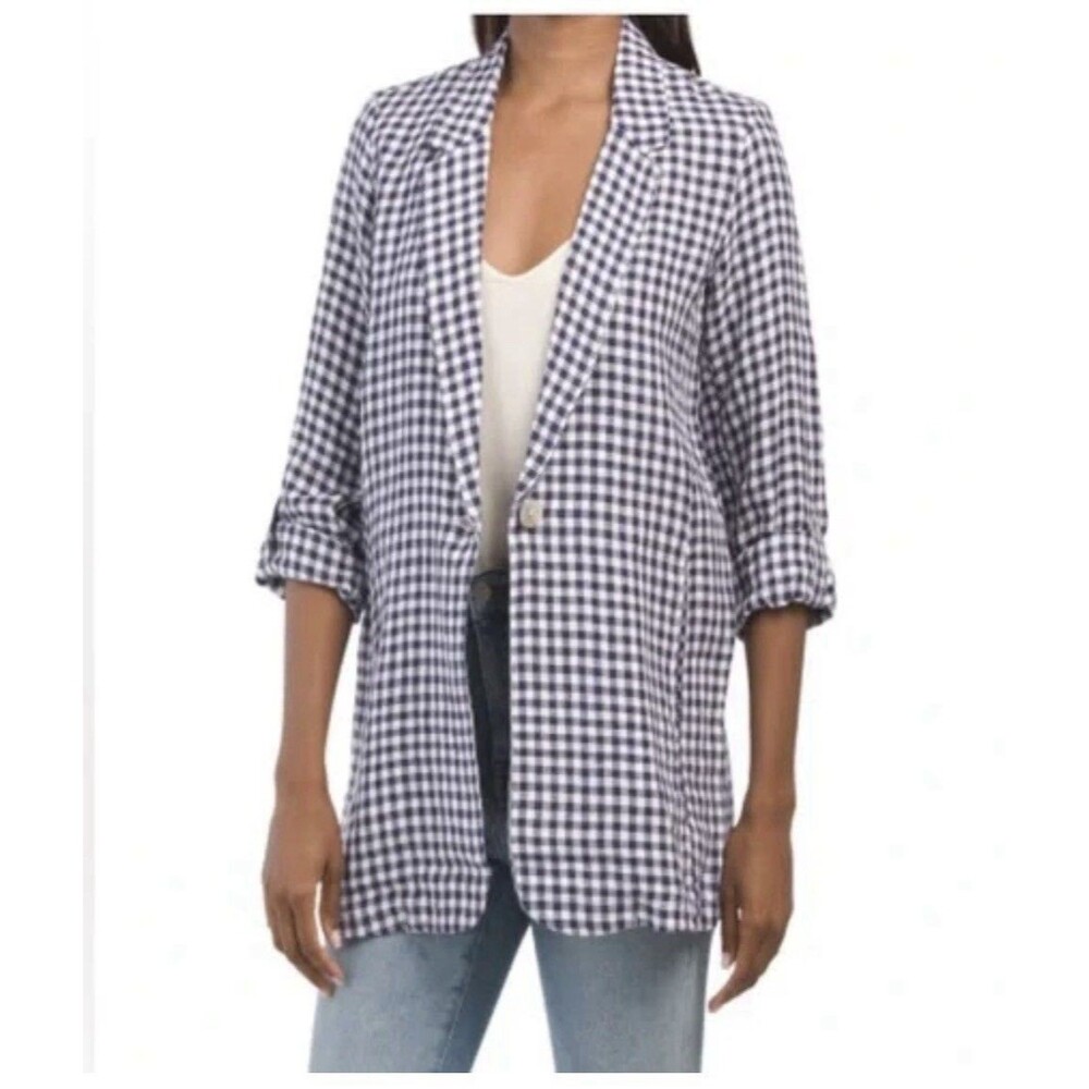 Cynthia Rowley Womens Blue White Checkered Linen Lagenlook Unstructured Blazer M